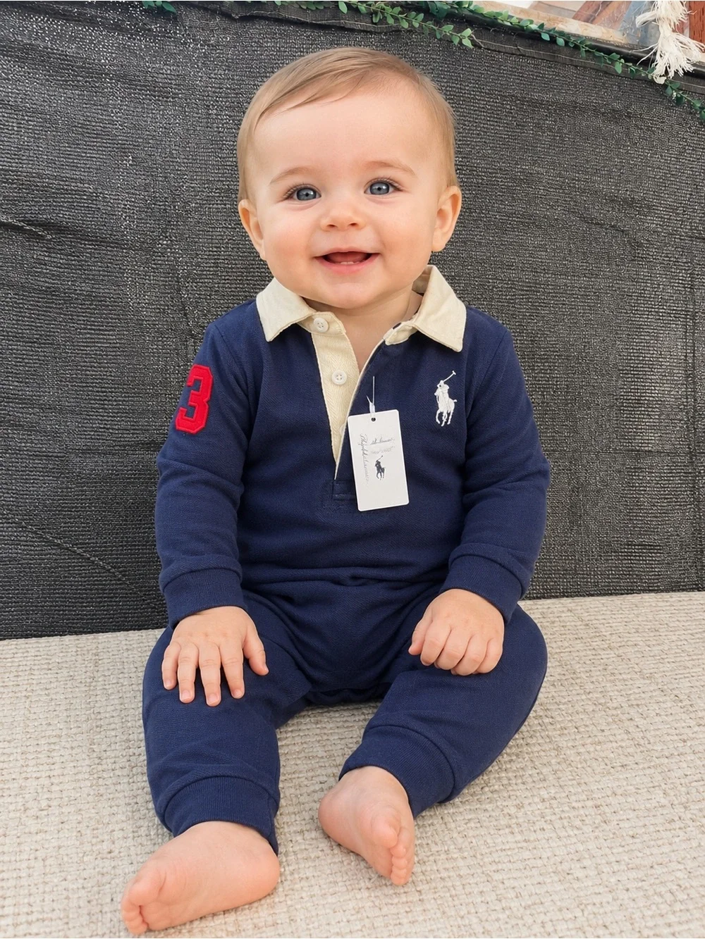 Ralph Lauren Navy Polo Collar One-Piece with Cream Collar and Red Sleeve Patch